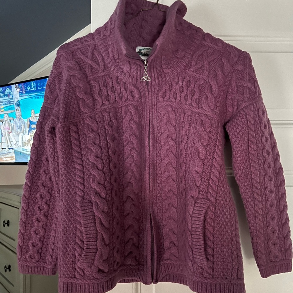 Aran Crafts Kids Cable Knit Jacket in Plum